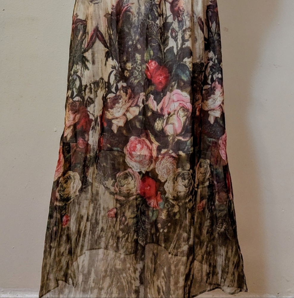 Queen Mulock Floral Silk Midi Rose Print Dress - Size S - Picture 13 of 14